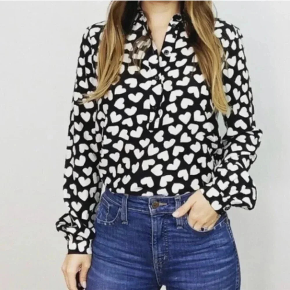 Kate Spade Silk Black Heart Print Half Button Down Shirt - Picture 1 of 9